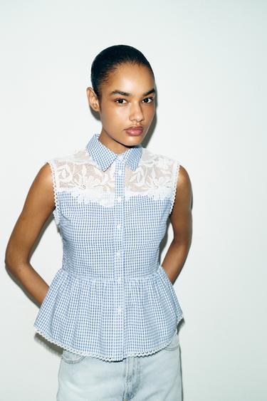 COMBINED GINGHAM BLOUSE - Blue/White by Zara