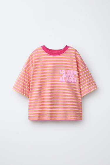 STRIPED T-SHIRT WITH PRINT - Orange by Zara