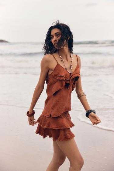 Zara RUFFLED LACE SKORT - Terracotta - Image 0