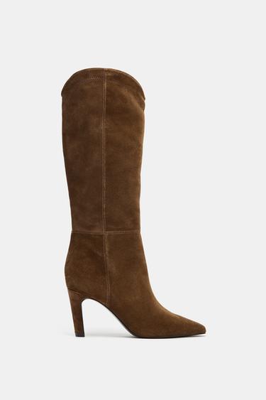 STITCHED SPLIT SUEDE HEELED BOOTS - Brown by Zara