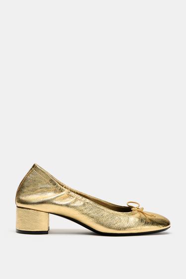 Zara METALLIC LEATHER HEELED BALLET FLATS - Golden