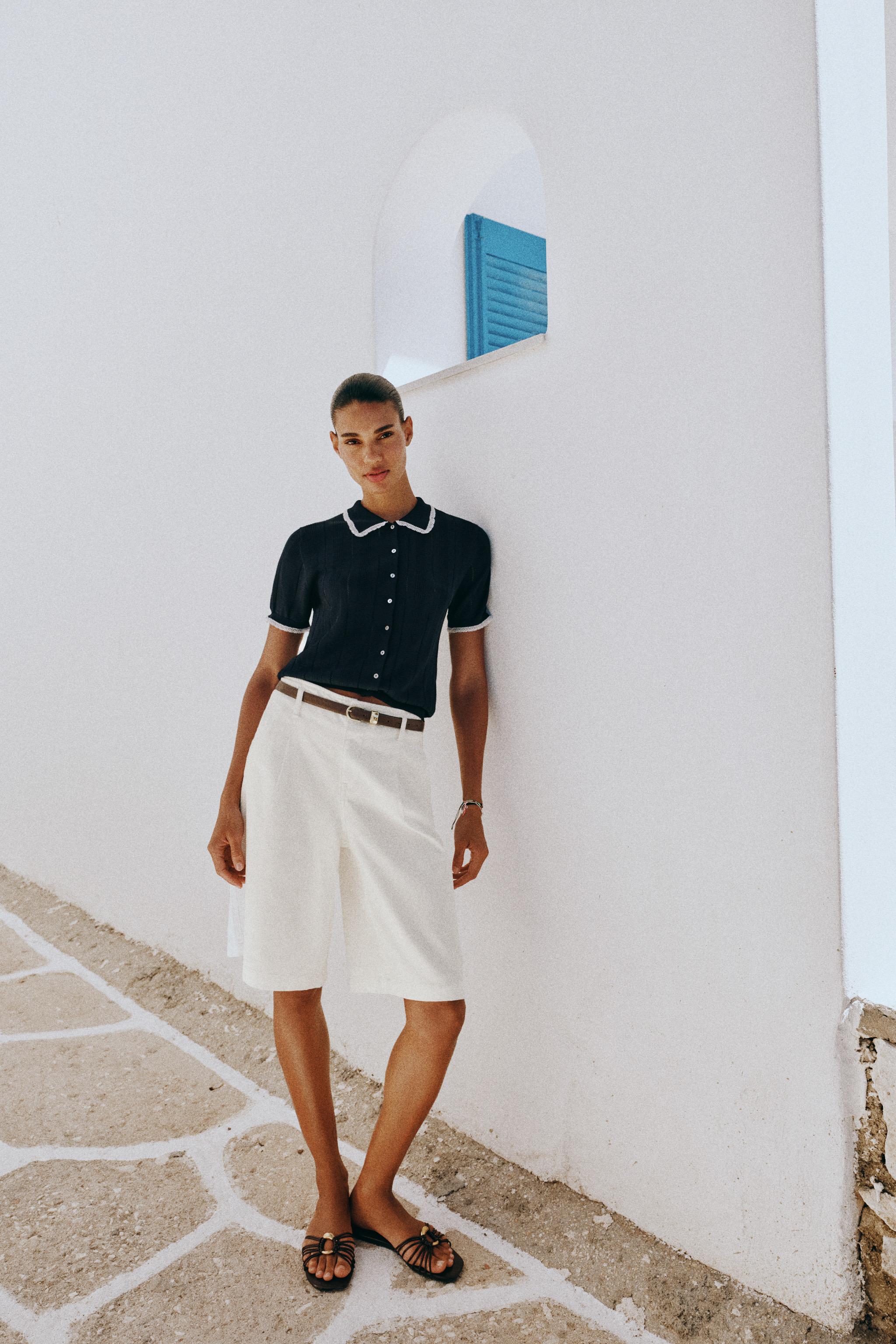 SHORT SLEEVE LACE TRIM KNIT POLO CARDIGAN — Navy blue
