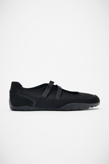 Zara DOUBLE STRAP CONTRAST BALLET FLATS - Black