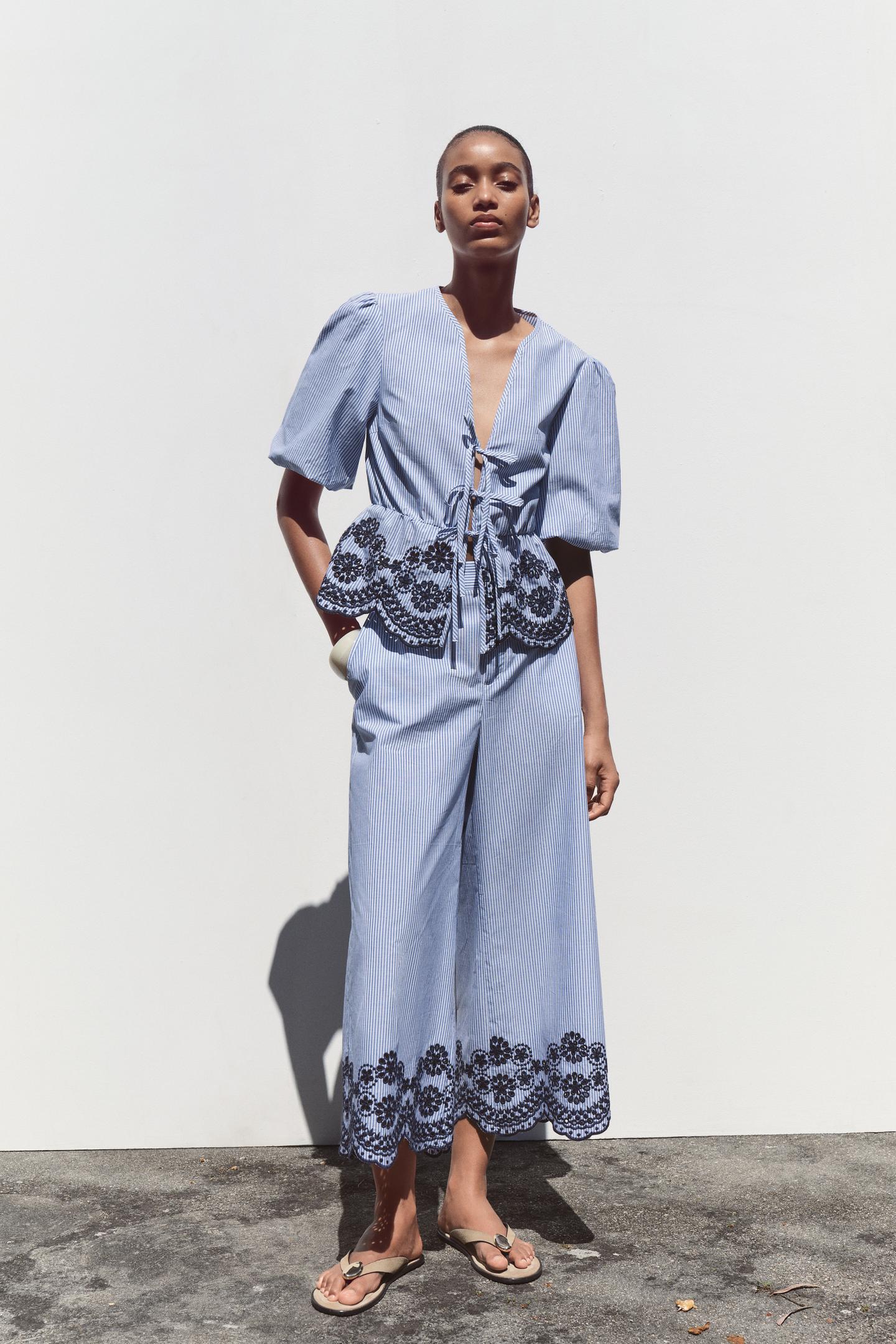 STRIPED CULOTTES WITH EMBROIDERY