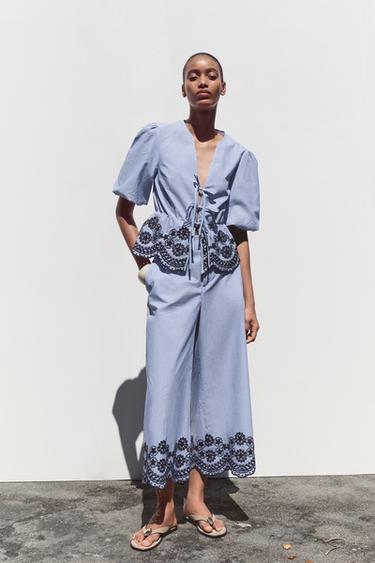 EMBROIDERED STRIPED CULOTTES - Blue / Indigo by Zara