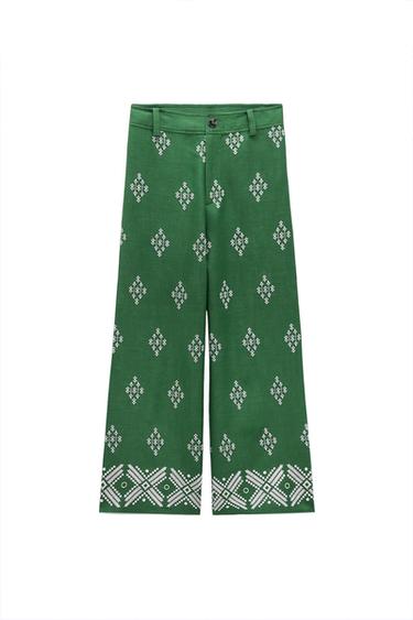 EMBROIDERED LINEN BLEND TROUSERS