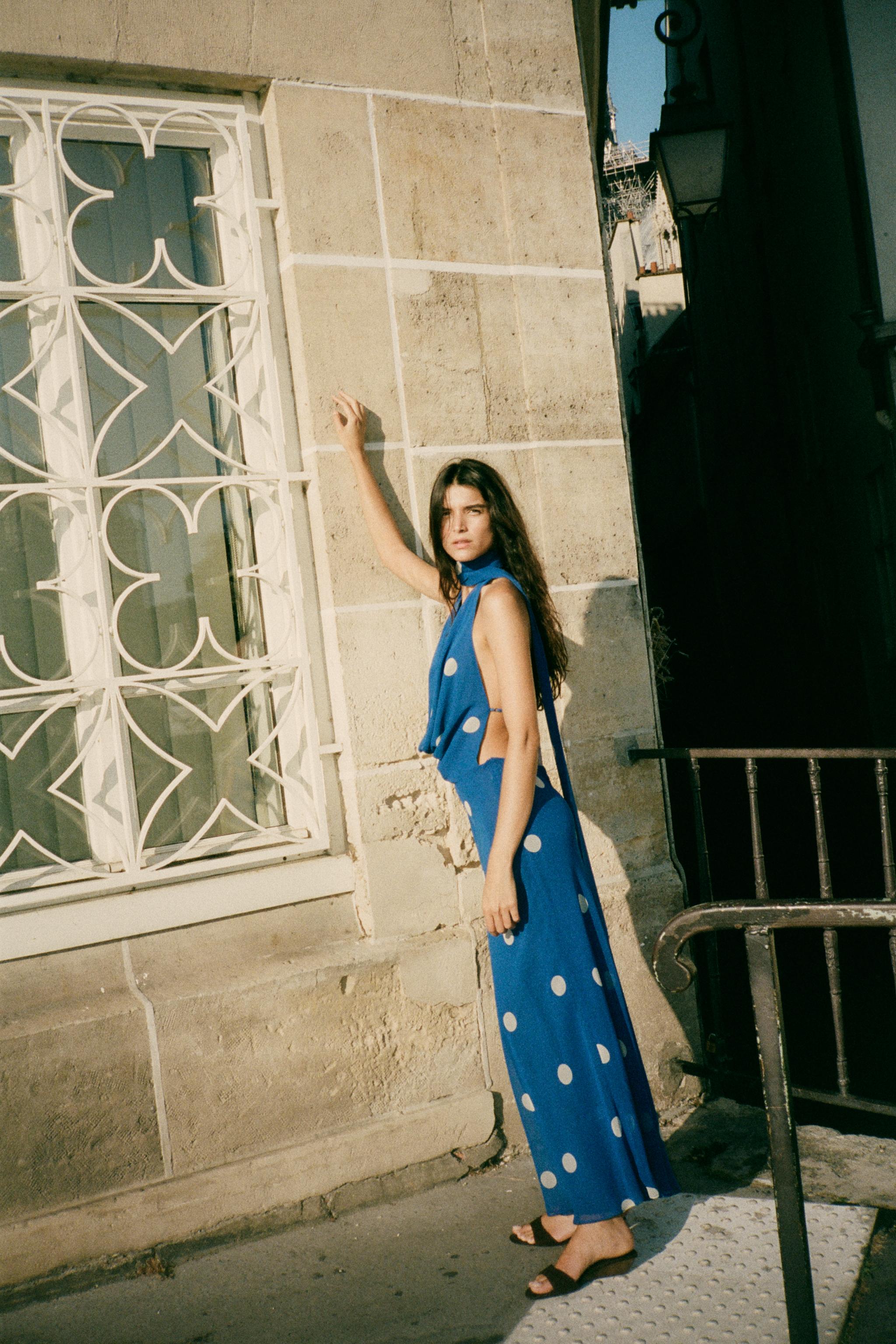 VESTIDO MIDI ESTAMPADO ÀS BOLINHAS Azul Branco ZARA Portugal