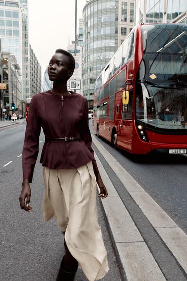 BELTED FAUX SUEDE PEPLUM JACKET - Burgundy by Zara