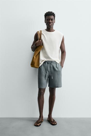 REGULAR FIT LINEN BERMUDA SHORTS - Grey green by Zara