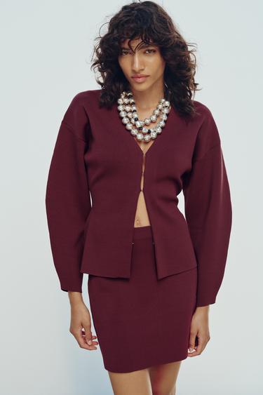 FITTED WAIST PLAIN KNIT JACKET - Burgundy by Zara - Image 0