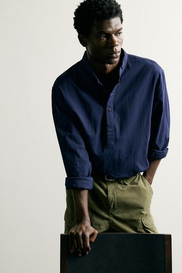 CAMISA POLO EFECTO ARRUGADO - Azul de Zara