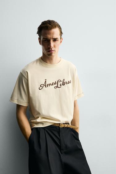 RELAXED FIT EMBROIDERED SLOGAN T-SHIRT - Beige by Zara - Image 5