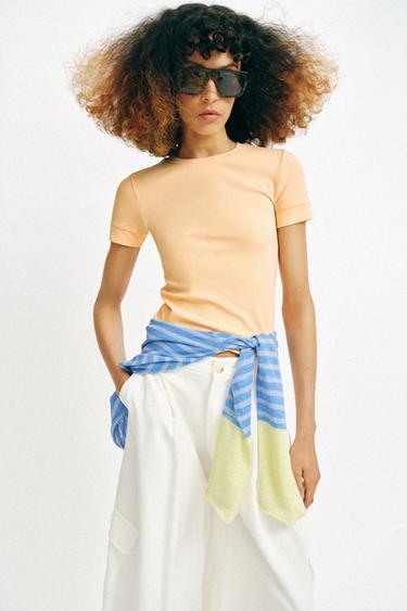 Zara MINIMAL SHORT SLEEVE T-SHIRT - Peach