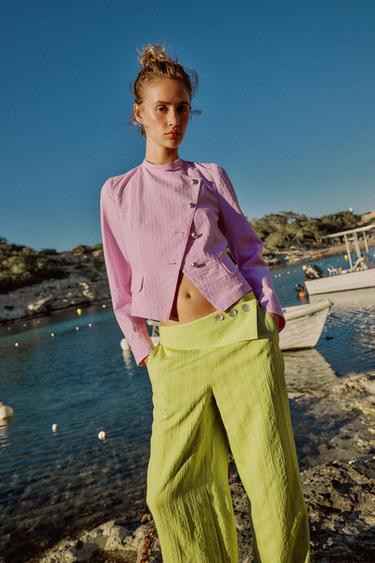 PANTALON LARGE TAILLE HAUTE À RABAT - Vert de Zara - Image 1