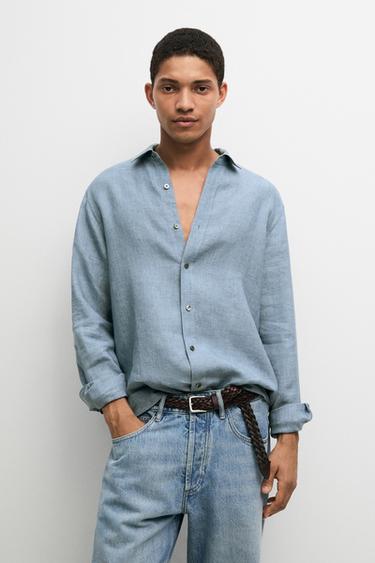 Zara Garment-dyed 100% linen regular fit shirt - Bluish