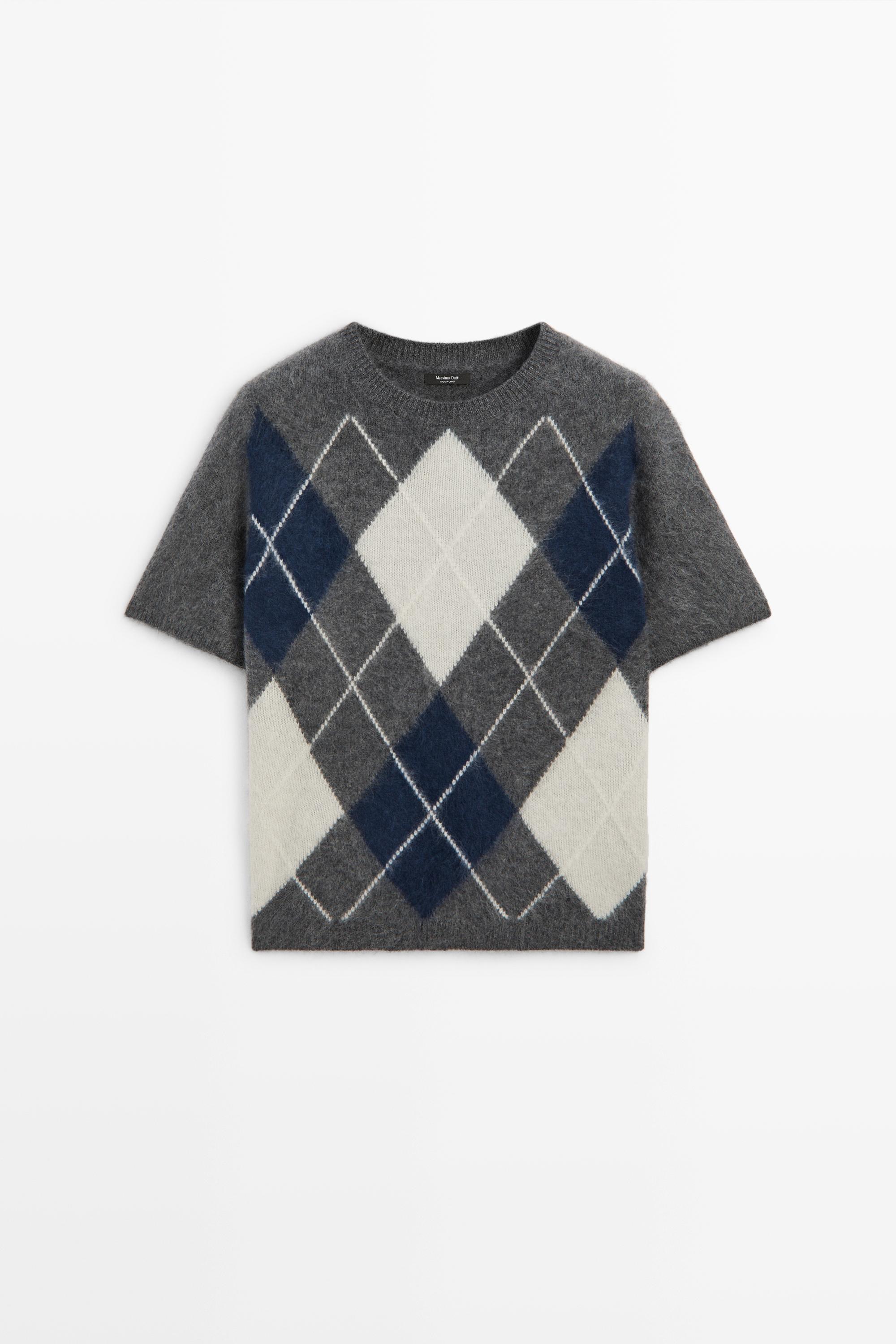 Wool cashmere argyle short sleeve knit sweater