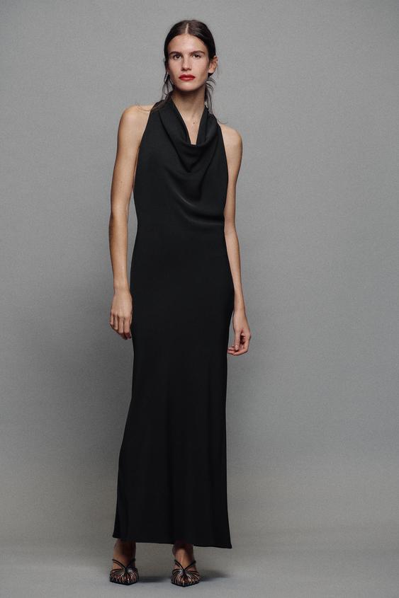 Zara CHAIN HALTER MIDI DRESS - Black - Image 0