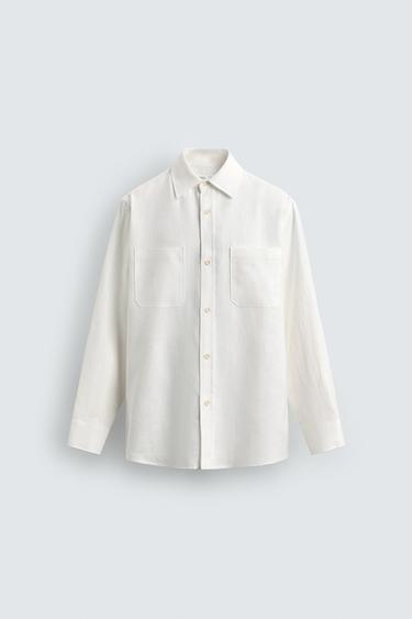 قميص 100% كتان بقصّة عادية - أبيض الخاص بـ Zara