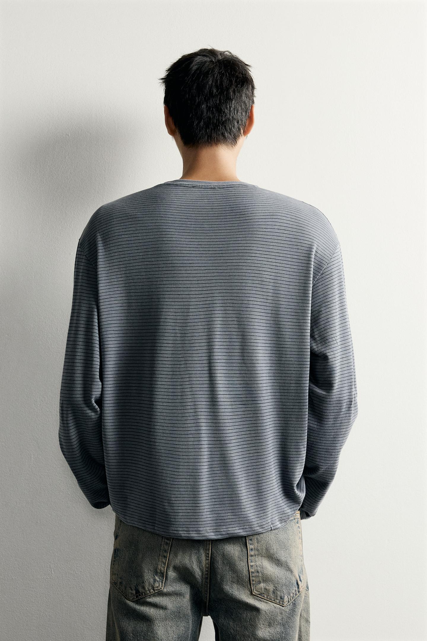 Футболка Zara Cotton-Modal Striped, цвет: Серый — фото 3