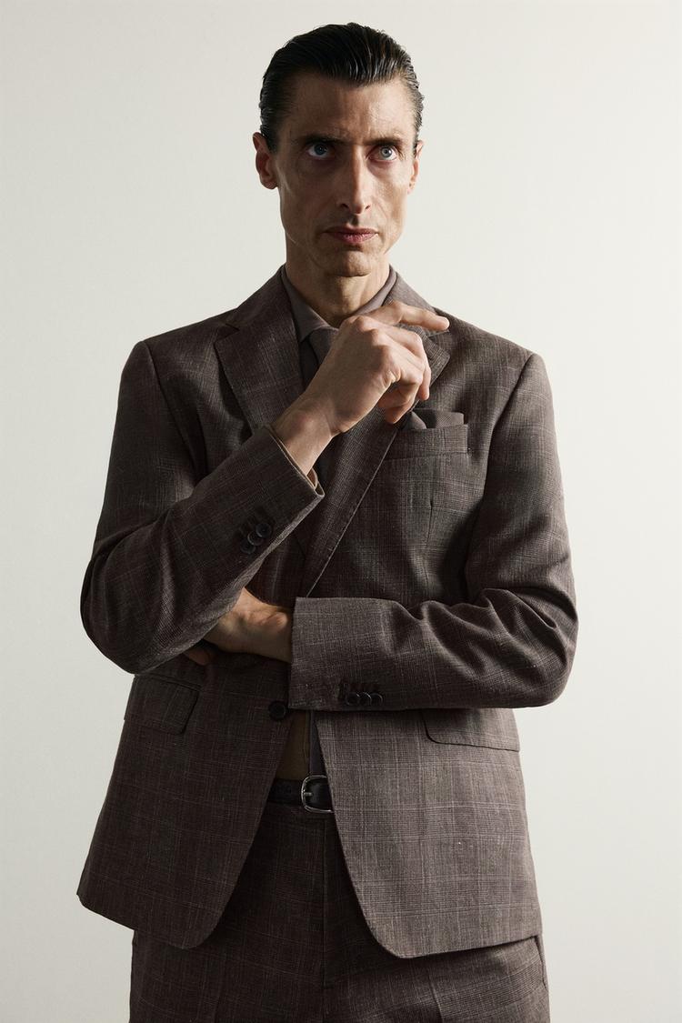 Blazer sastre de lino y lana a cuadros 6