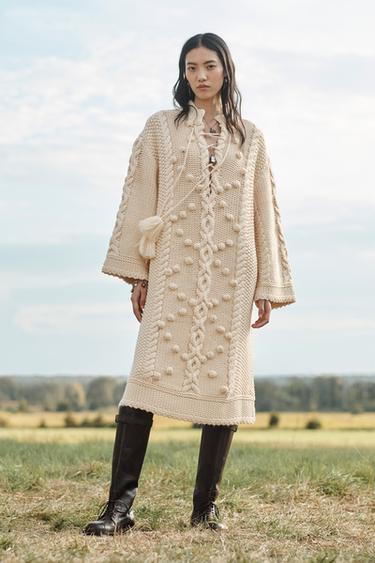 Zara LIMITED EDITION LACE-UP KNIT PONCHO - Ecru