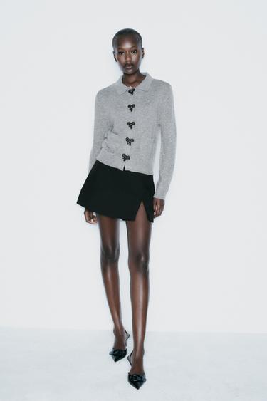 KNIT CARDIGAN WITH BUTTONS AND BOWS - Grey by Zara - Image 0