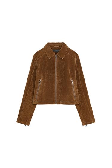 Front view of a whiskey-coloured cropped jacket with a shirt collar, long sleeves, front pockets, and zip fastening.