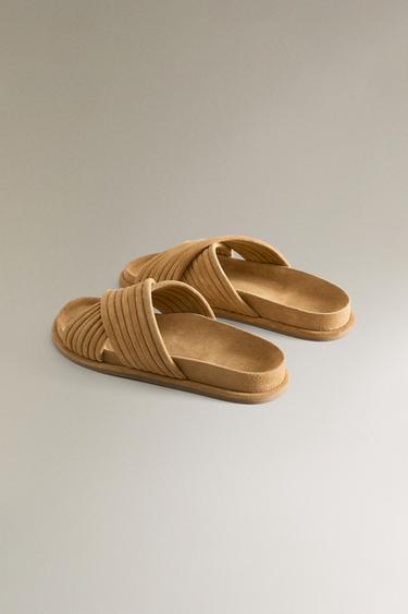 CRISS-CROSS STRAP LEATHER SANDALS - Taupe Grey by Zara - Image 4