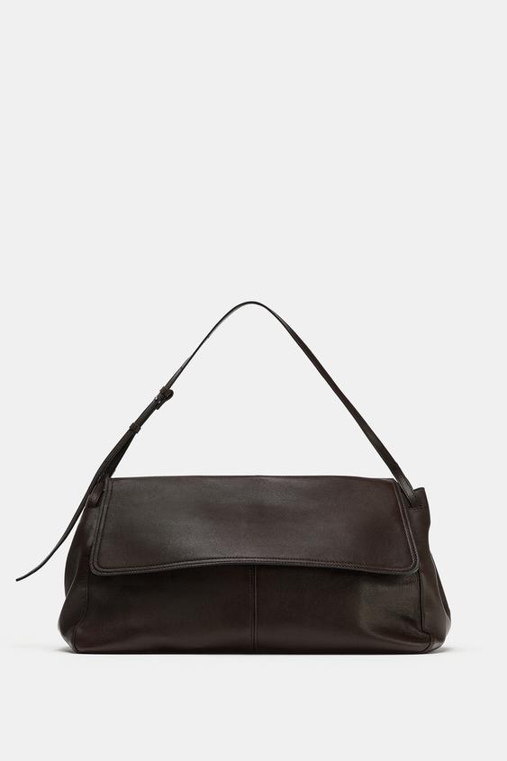 LEATHER SHOULDER BAG WITH FLAP - Chocolate by Zara - Image 0
