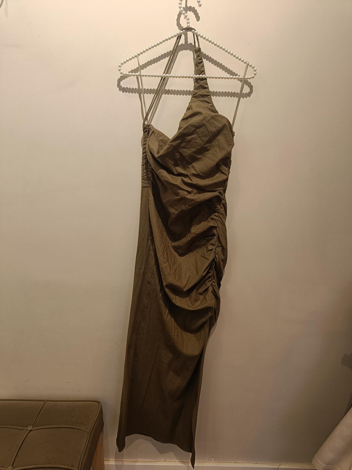 ASYMMETRIC LINEN BLEND DRESS WITH GATHERING