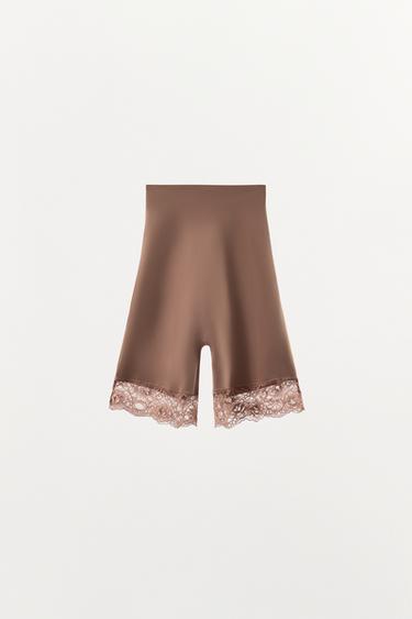 Zara KRATKE HLAČE OD MJEŠAVINE POLIAMIDA S ČIPKOM – svjetloružičast