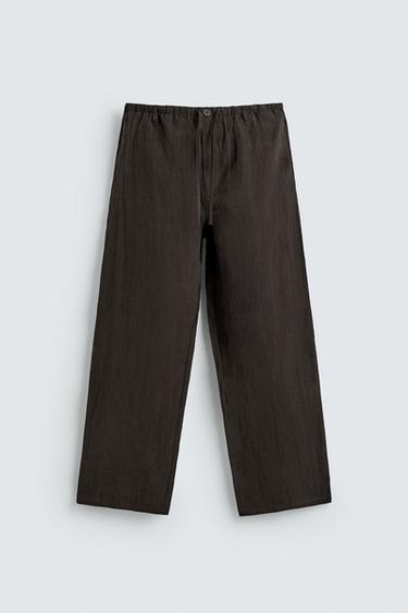 Zara 100% 亞麻休閒長褲 - 深棕色