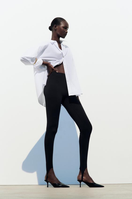 Zara Basic Womens Sz M High Waisted Gray Leggings Black Ribbed