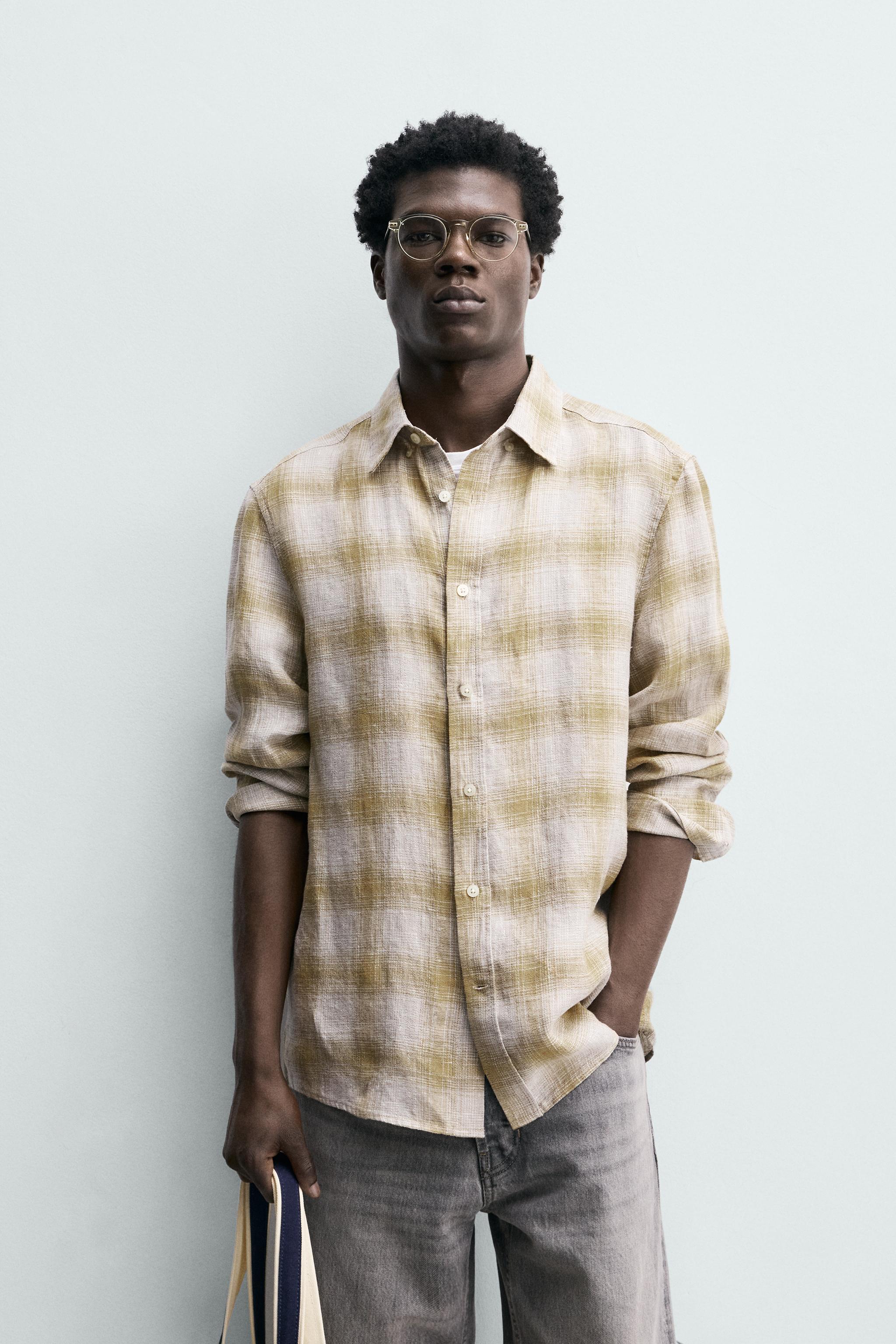 CHECKED LINEN BLEND SHIRT — Ecru/Yellow