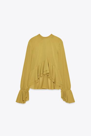Zara FLOWY RUFFLED BLOUSE - Olive green