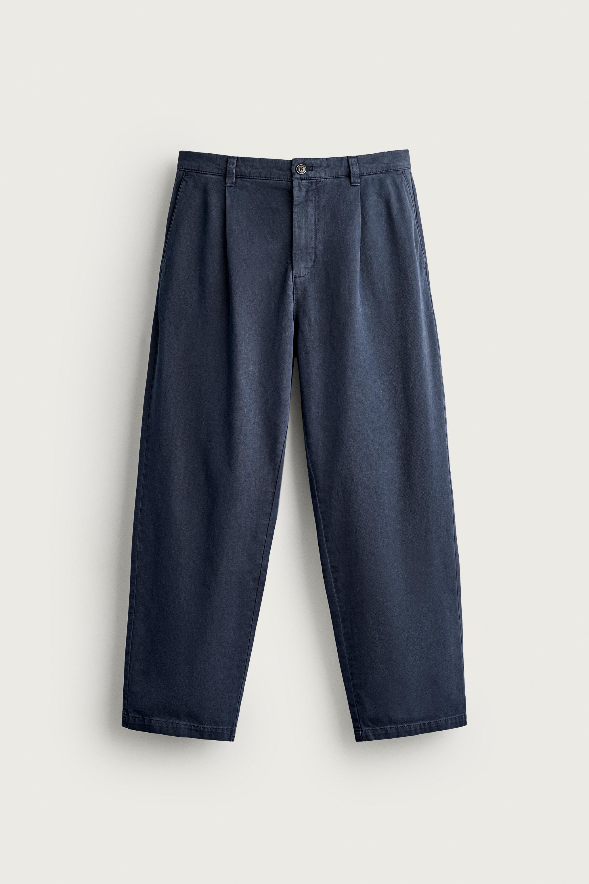 PLEATED STRAIGHT-FIT CHINO TROUSERS — Navy blue