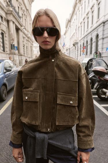 100% LEATHER BOMBER JACKET - Khaki by Zara