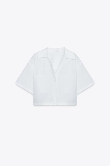 Zara POPLIN CROP TOP - White