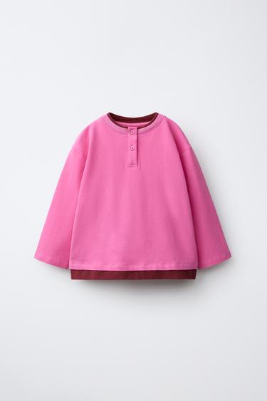 Zara 雙層效果紐扣領 T 恤 - 深紫紅色