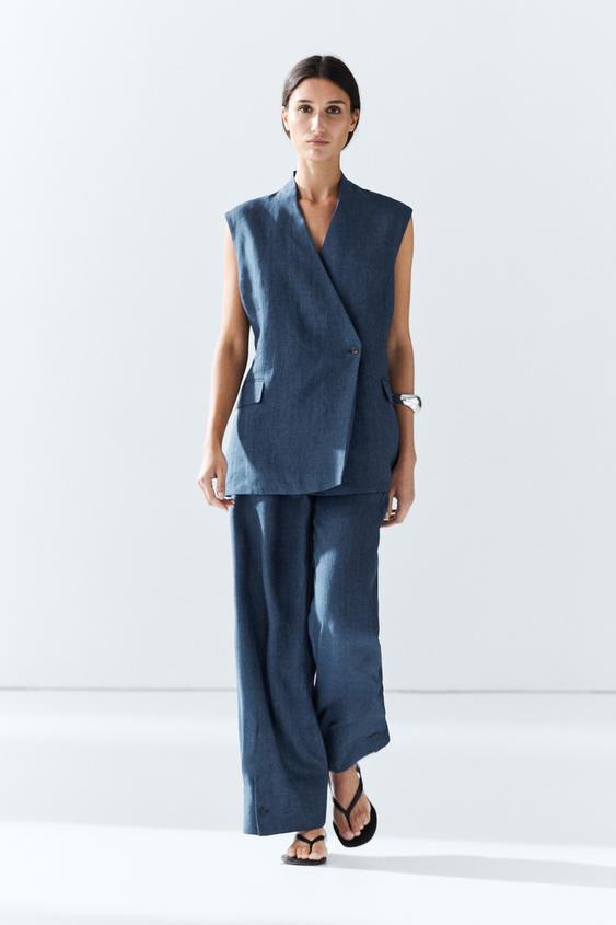 Pantalón bajo botón lino total look - Marino de Zara - Imagen 0