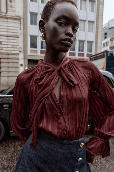 Zara STRIPED BLOUSE WITH BOW - Brick