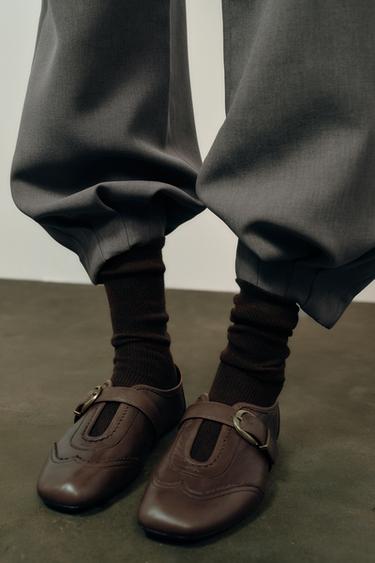 LEATHER BROGUE BALLERINAS - Brown by Zara - Image 0