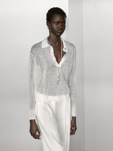 Pull en maille semi-transparente et lin mélangé - Blanc de Zara