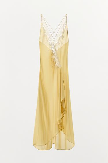 ROBE EN GEORGETTE À DENTELLE ET VOLANTS - Jaune citron de Zara - Image 3