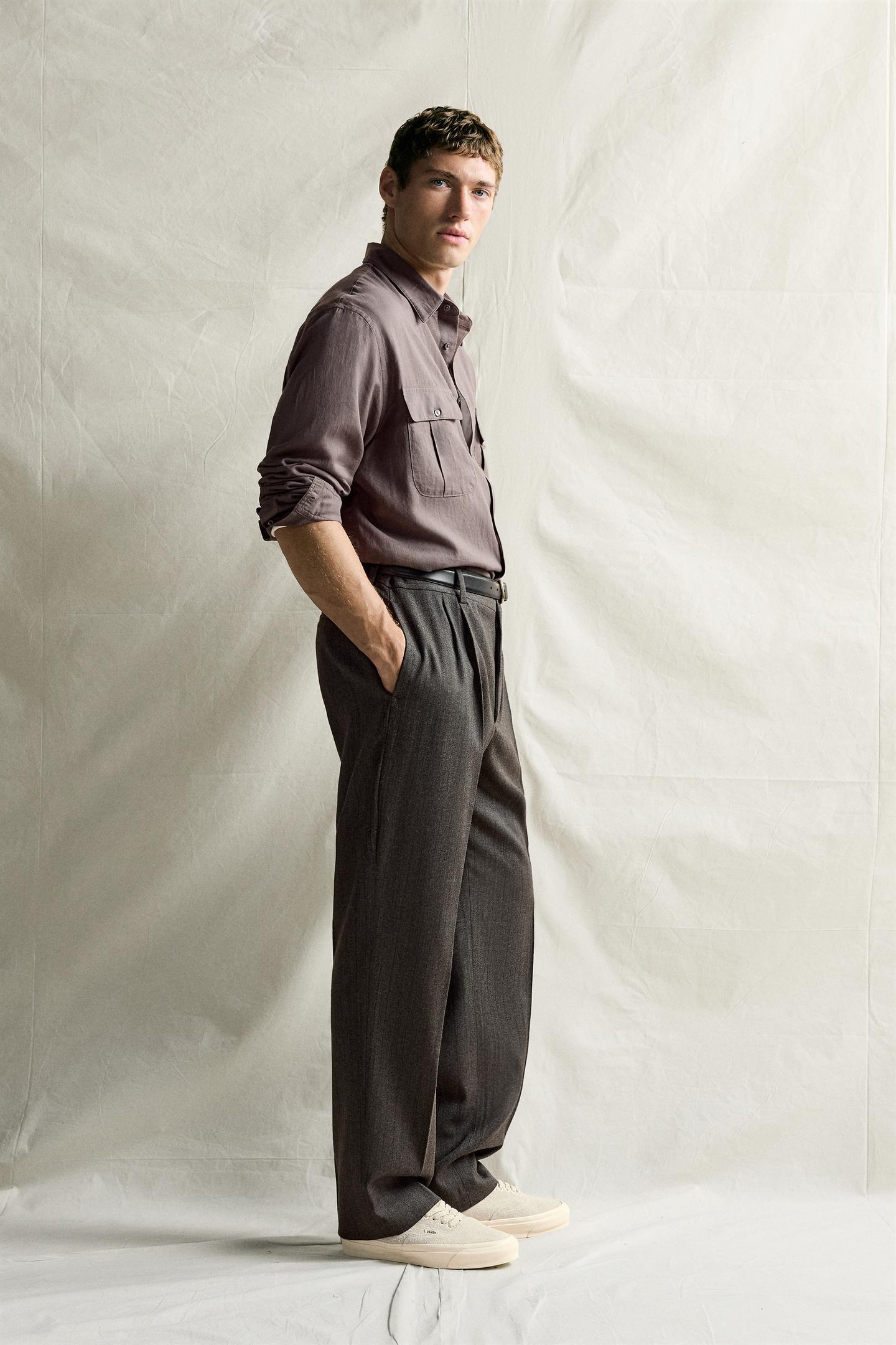 Мужская рубашка Zara Relaxed Fit Voile, цвет: Сливовый — фото 4