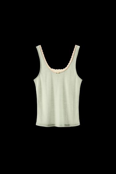 Zara CONTRAST POINTELLE TOP - Light green - Image 0