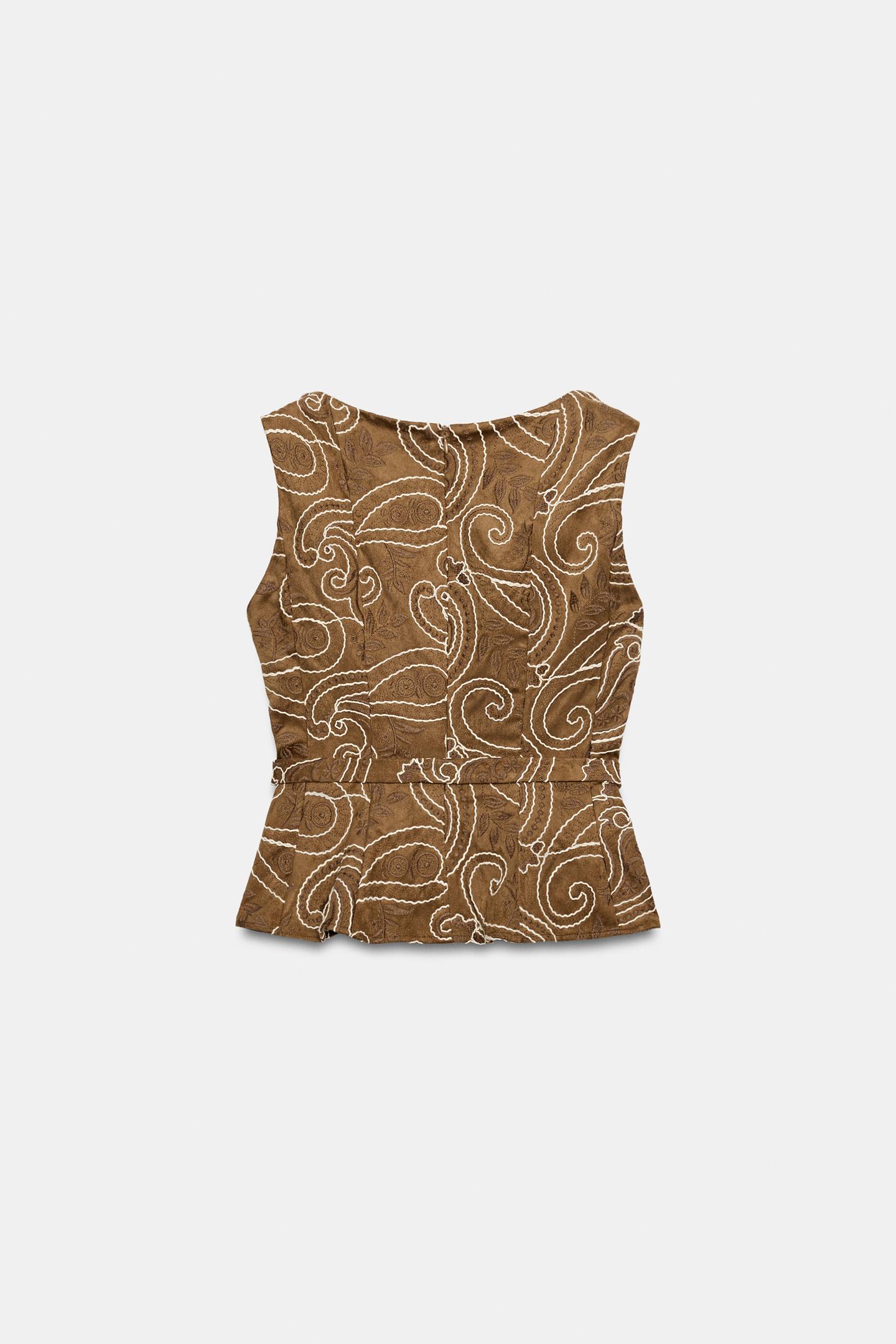 Женский топ Zara Embroidered Belted Top, цвет: Верблюжий — фото 7
