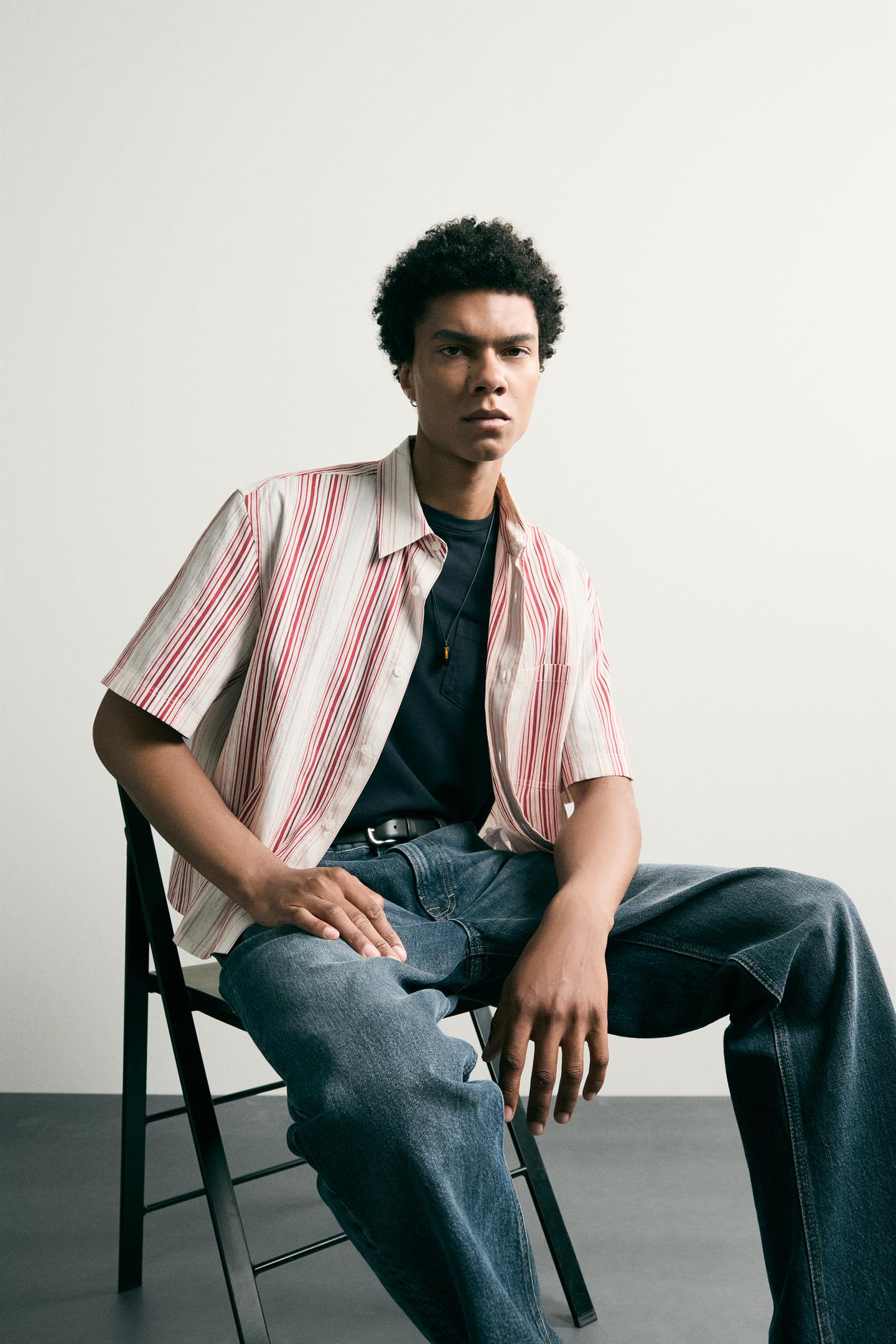 Мужская рубашка Zara Striped Boxy Fit, цвет: Розовый — фото 6