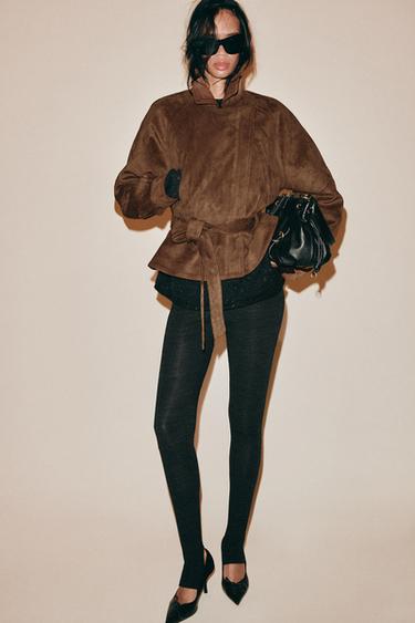 FAUX SUEDE BELTED JACKET — Toffee 1