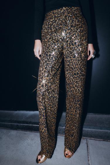 PANTALON DROIT À PAILLETTES IMPRIMÉ ANIMALIER - Noir or de Zara - Image 1